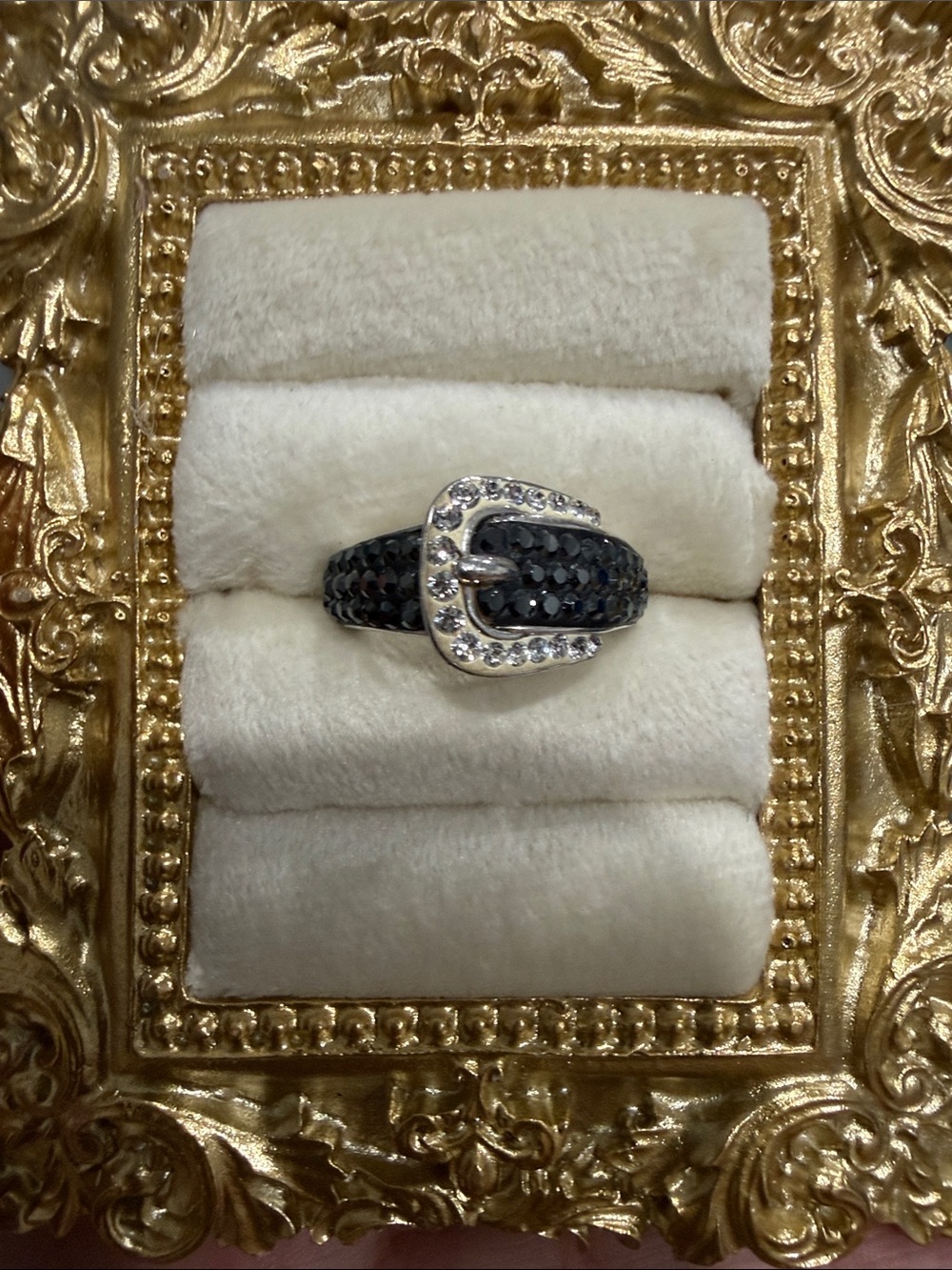 Black Crystal Buckle Ring with Clear Accent Stones